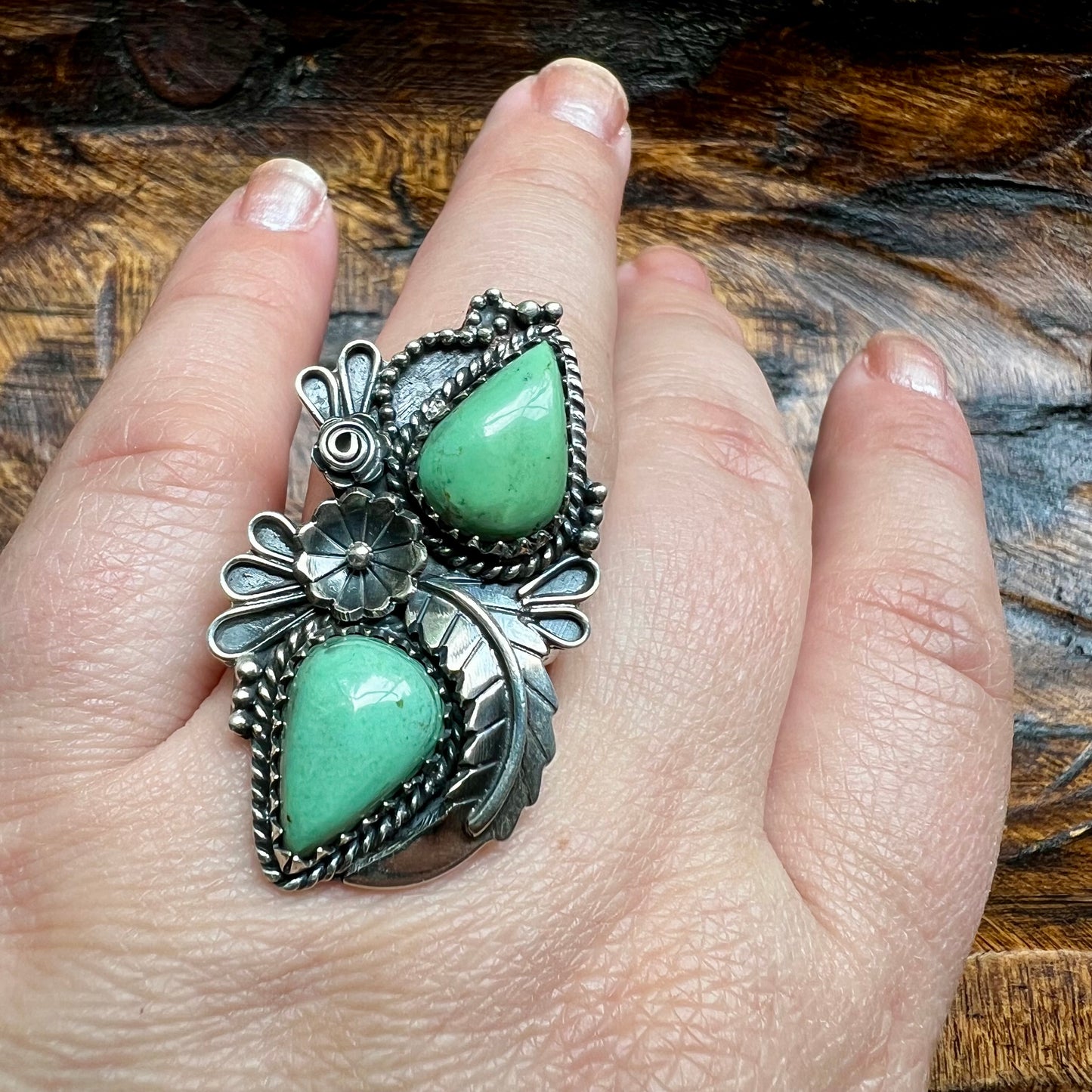 Kingman Turquoise Double Stone Statement Ring – Size 8.5 Sterling Silver