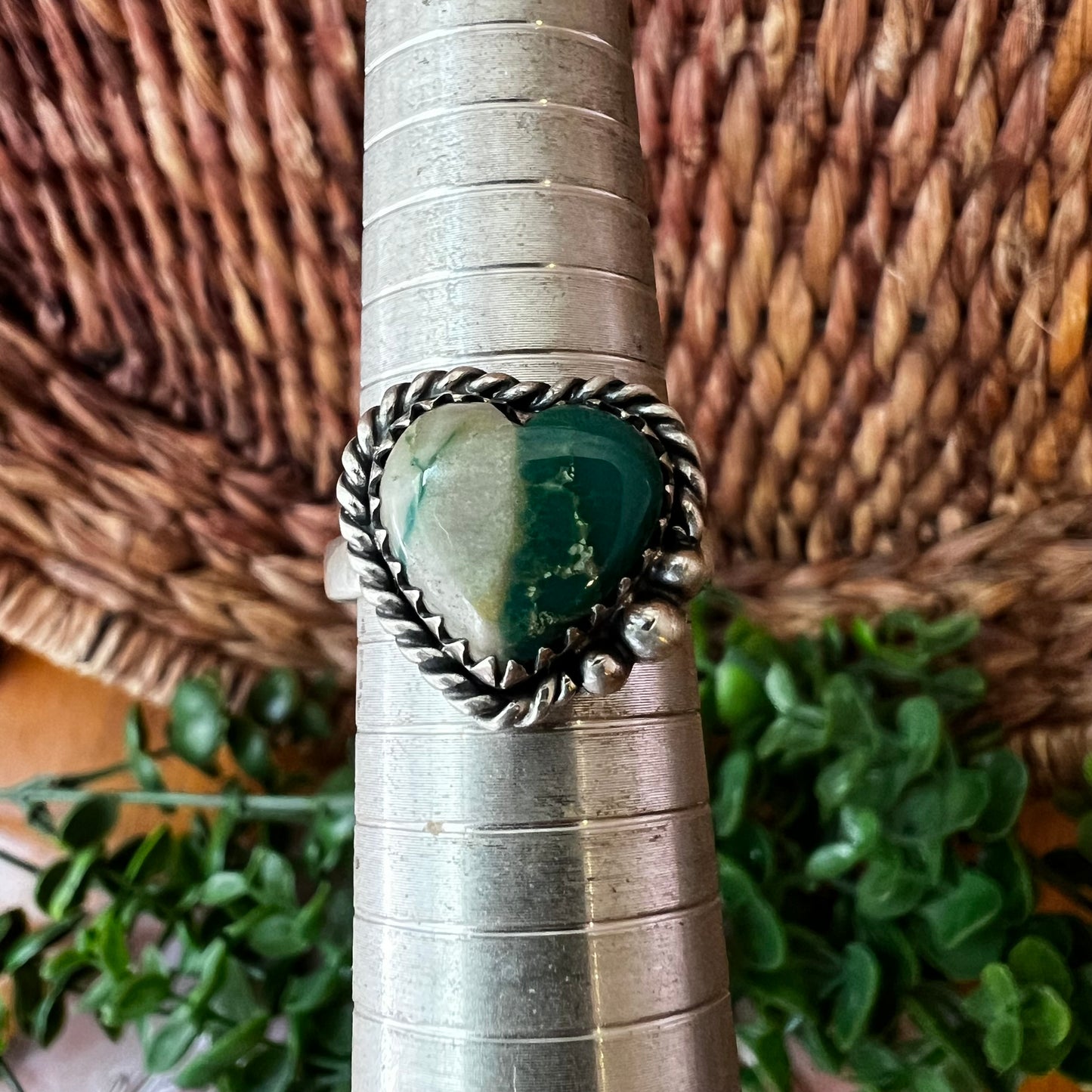 Sterling Silver Ribbon Turquoise Heart Ring Size 10 Adjustable