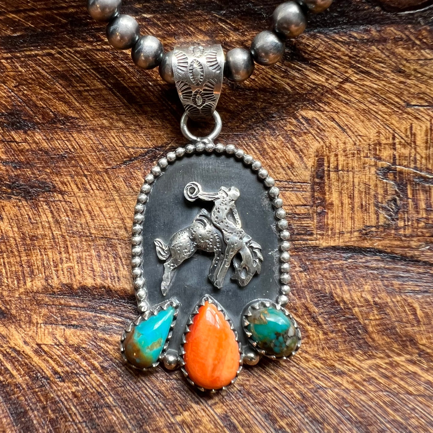 Sterling Silver Kingman Turquoise Spiny Oyster Bucking Bronco Pendant