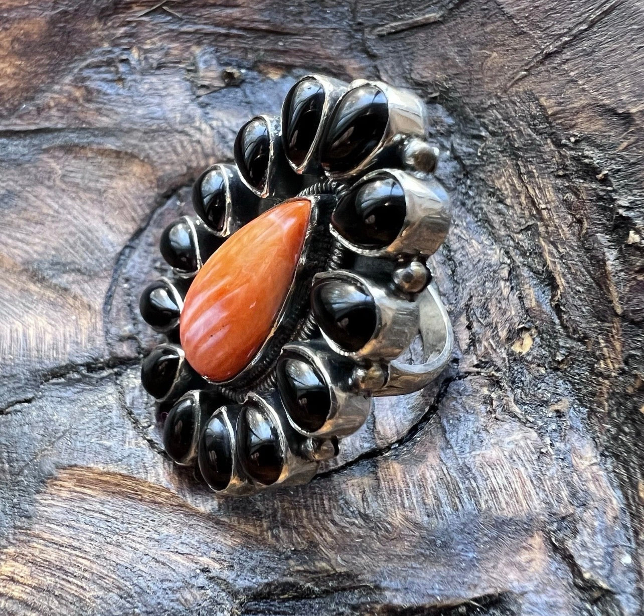 Spiny Oyster & Black Onyx Cluster Statement Ring | Sterling Silver | Size 7