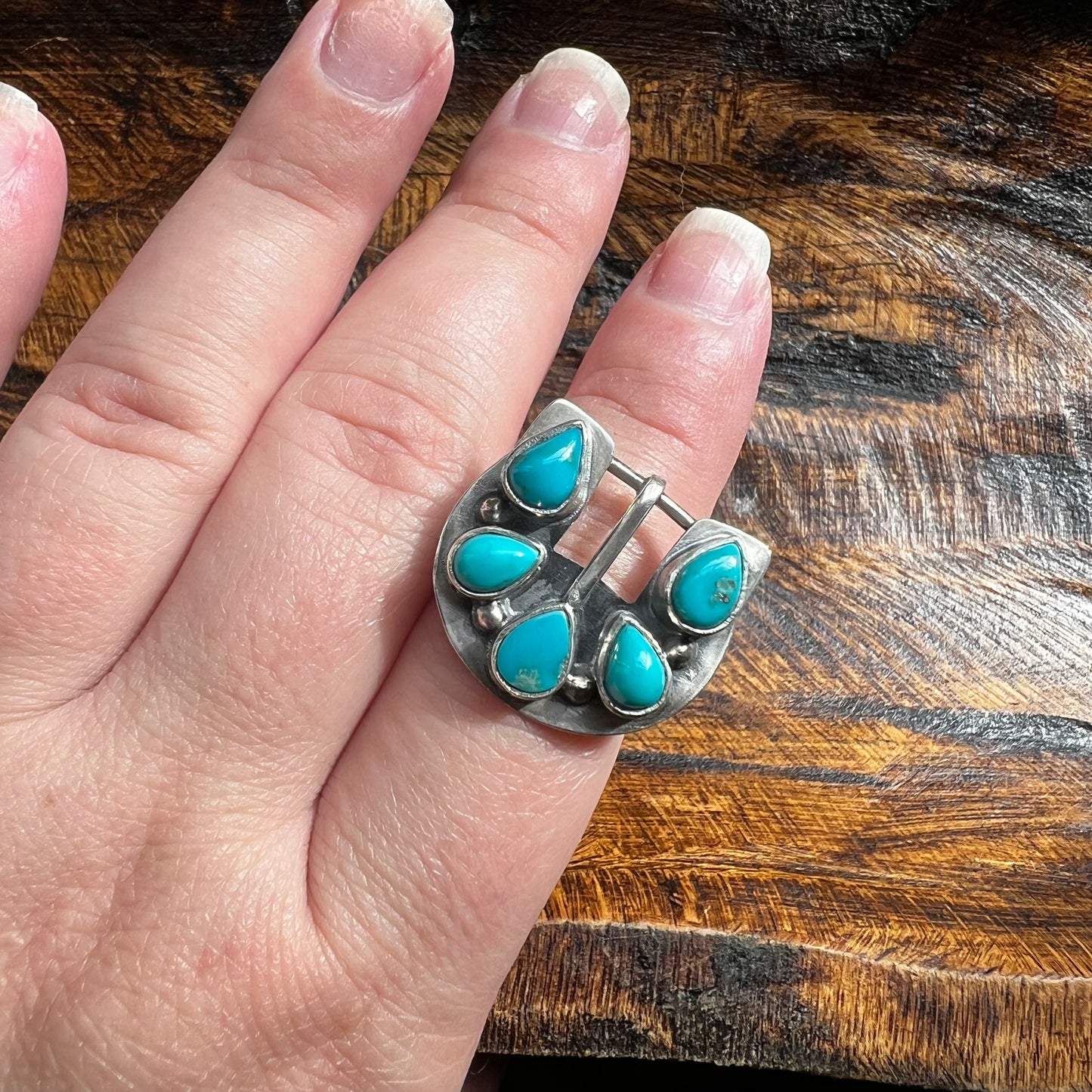 Sterling Silver Kingman Turquoise Belt Buckle Ring | Adjustable