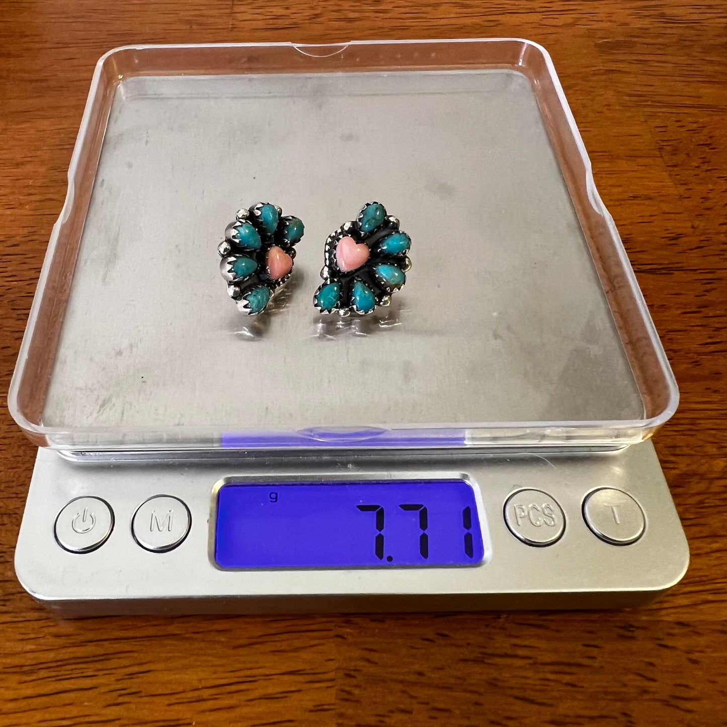 Sterling Silver Kingman Turquoise Queen Conch Heart Half Cluster Earrings ￼