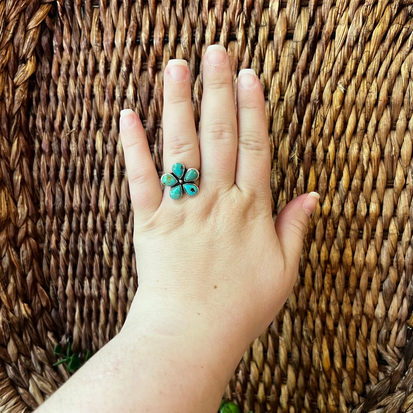 Sterling Silver & Kingman Turquoise Flower Ring | Size 9