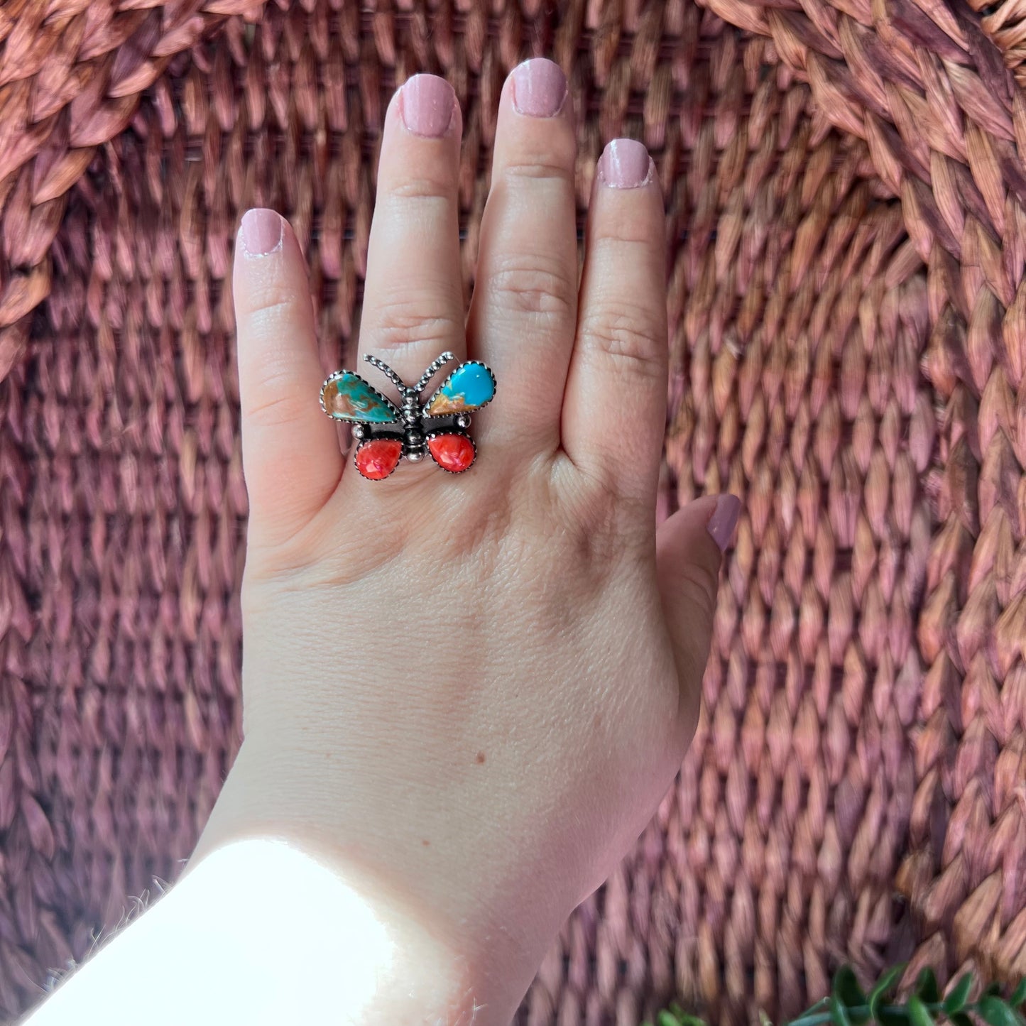 Kingman Turquoise & Spiny Oyster Butterfly Ring – Sterling Silver Statement (Size 9)