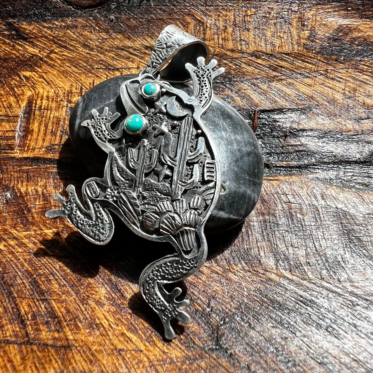 Storyteller Frog Pendant in Sterling Silver with Kingman Turquoise