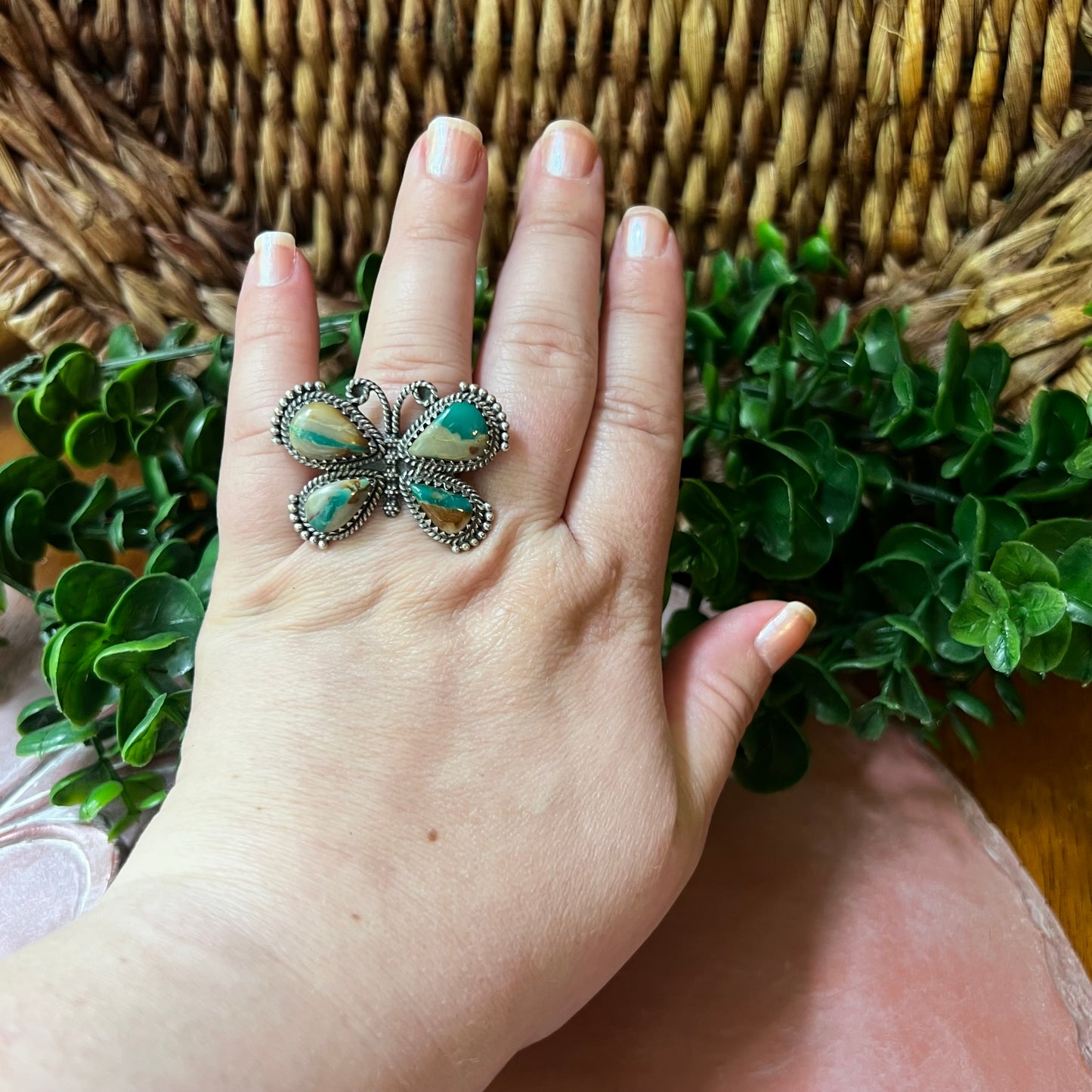 Ribbon Turquoise Butterfly Statement Ring | Sterling Silver Adjustable