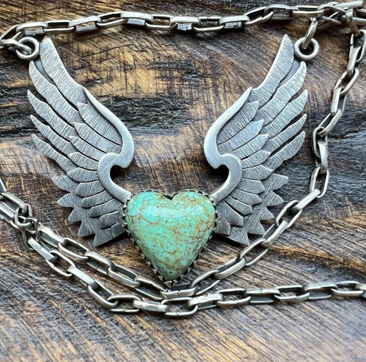 Kingman Turquoise Heart with Wings Sterling Silver Necklace