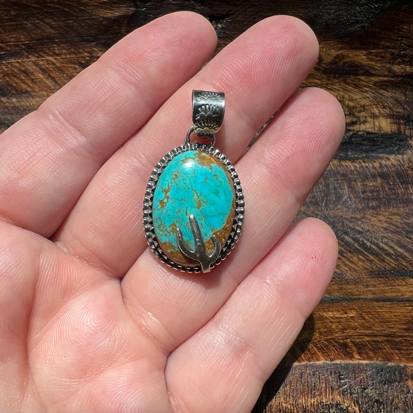 925 Sterling Silver Kingman Turquoise Cactus Pendant Handmade Southwestern