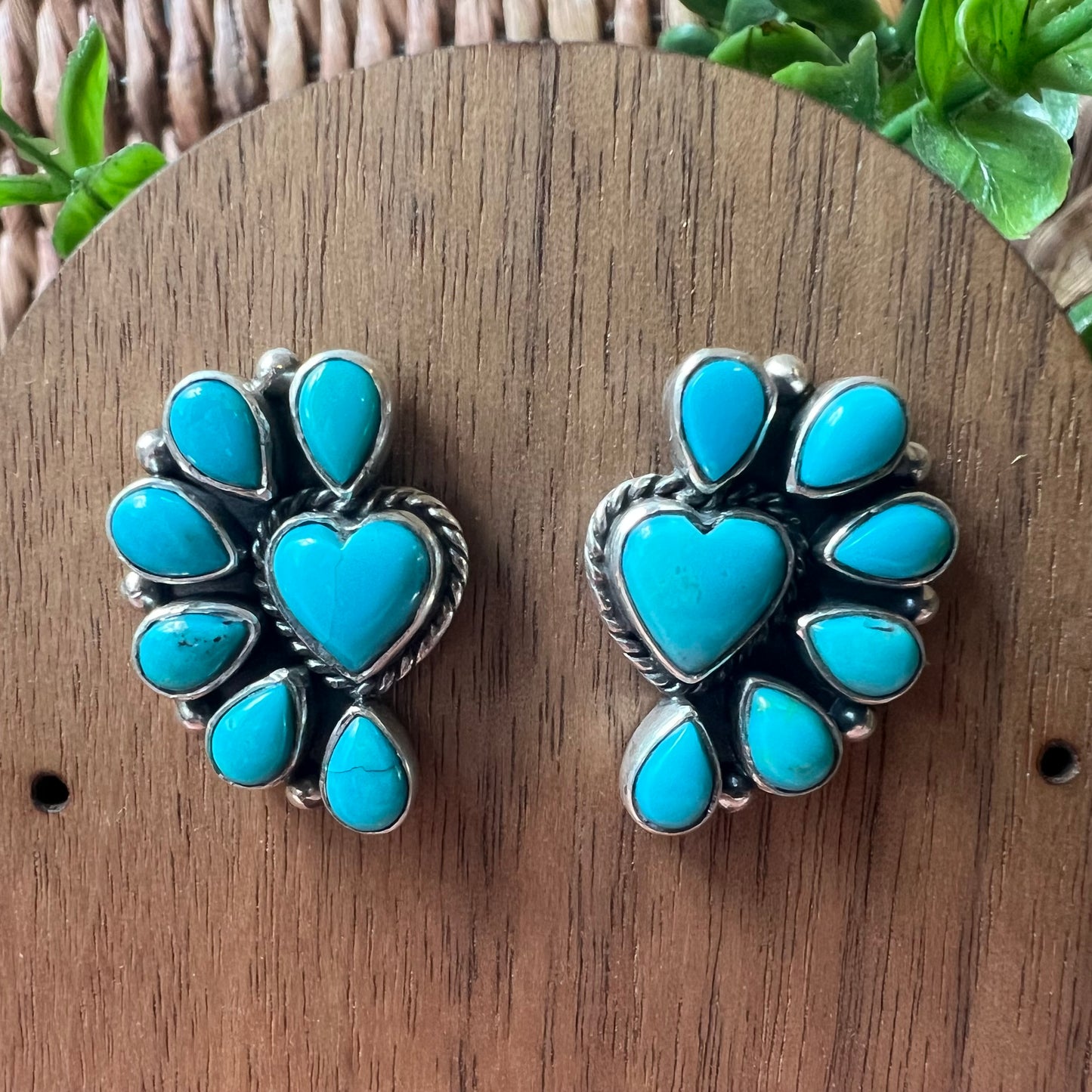 Kingman Turquoise Heart Half Cluster Stud Earrings Sterling Silver