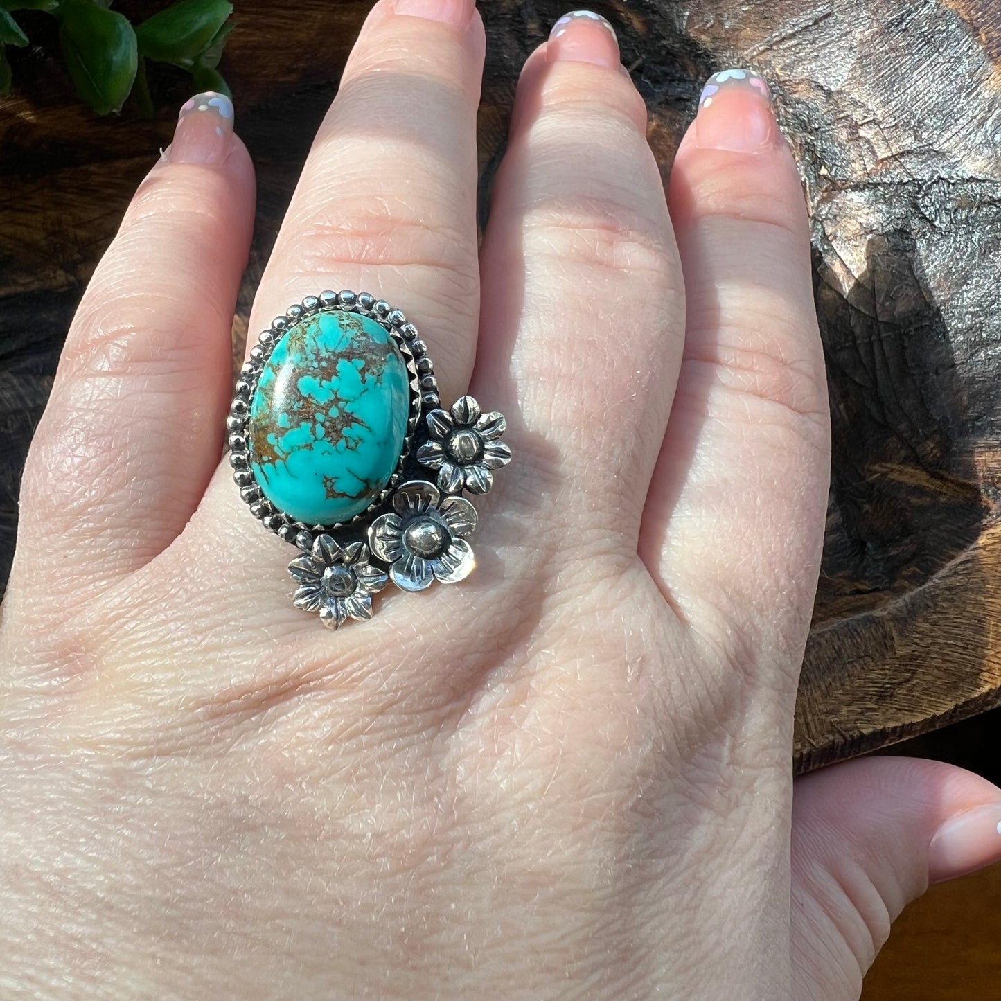 Kingman Turquoise Floral Statement Ring in Solid Sterling Silver