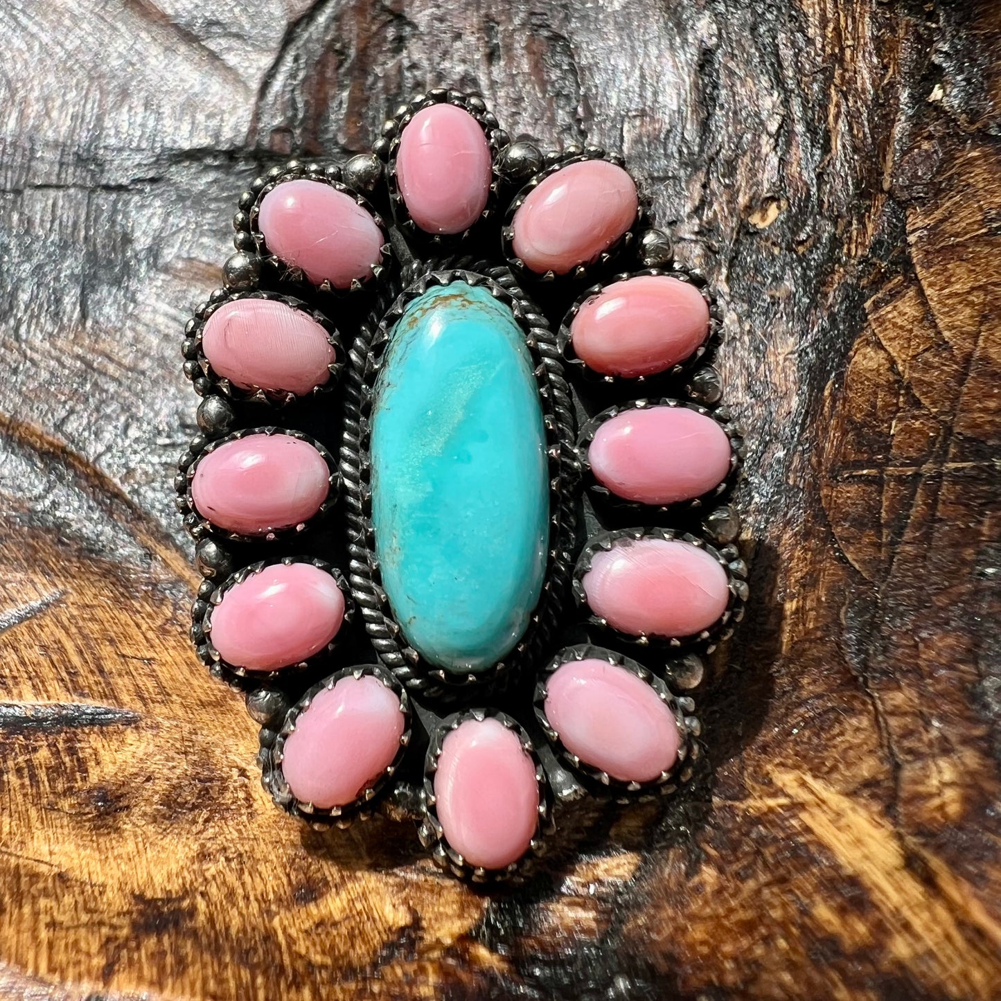 Desert Bloom Cluster Ring – Kingman Turquoise & Queen Conch Sterling Silver