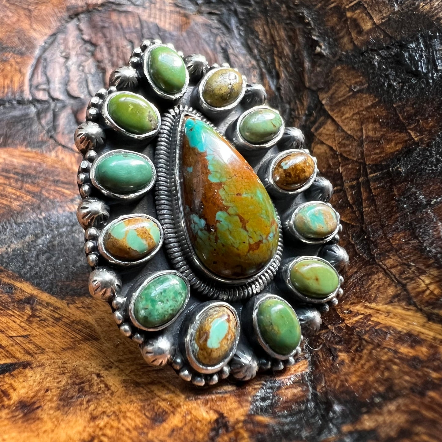 Sterling Silver Kingman Turquoise Cluster Ring Size 8.25 Statement