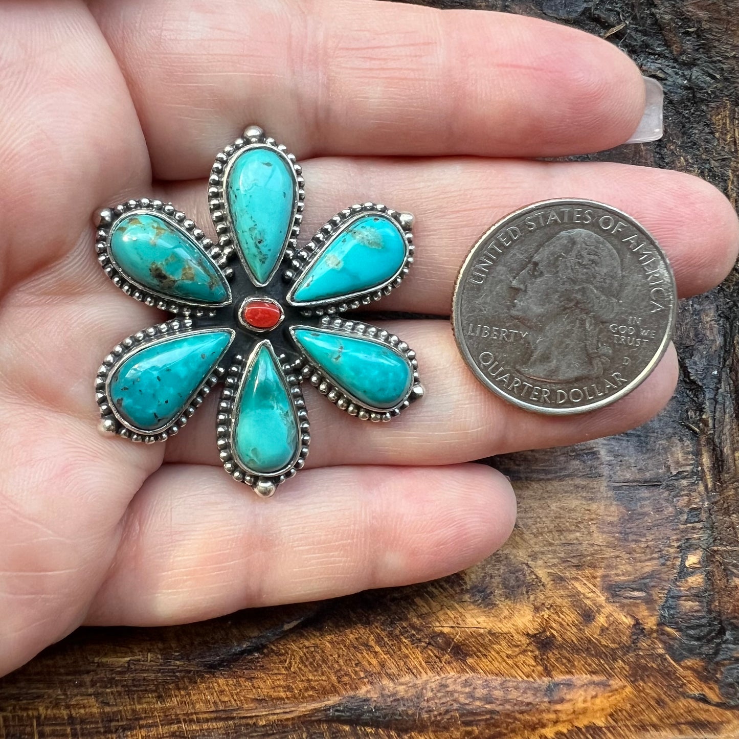 Kingman Turquoise Flower Ring with Italian Red Coral Center | Sterling Silver Statement Ring Size 9
