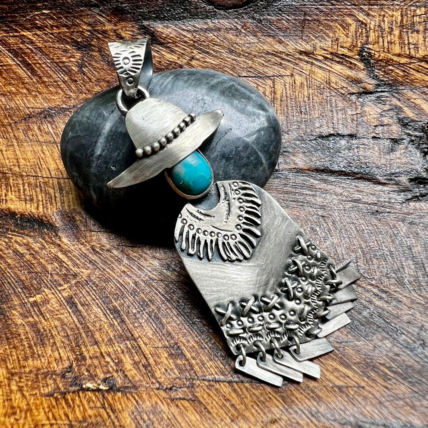 Cowboy Poncho Pendant in Sterling Silver & Kingman Turquoise