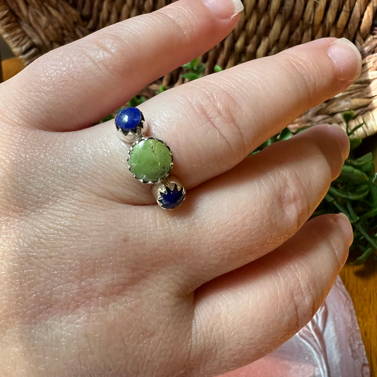 Sterling Silver Kingman Turquoise & Lapis Lazuli Three-Stone Ring