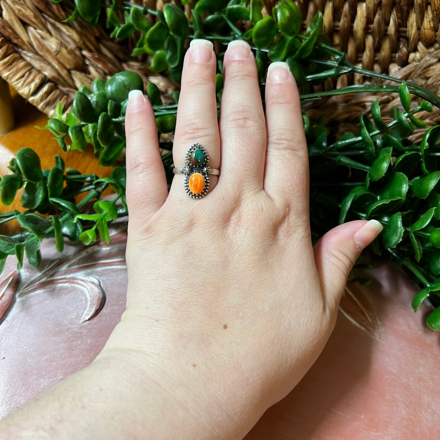 Sterling Silver Fox Turquoise Spiny Oyster Adjustable Ring Size 8