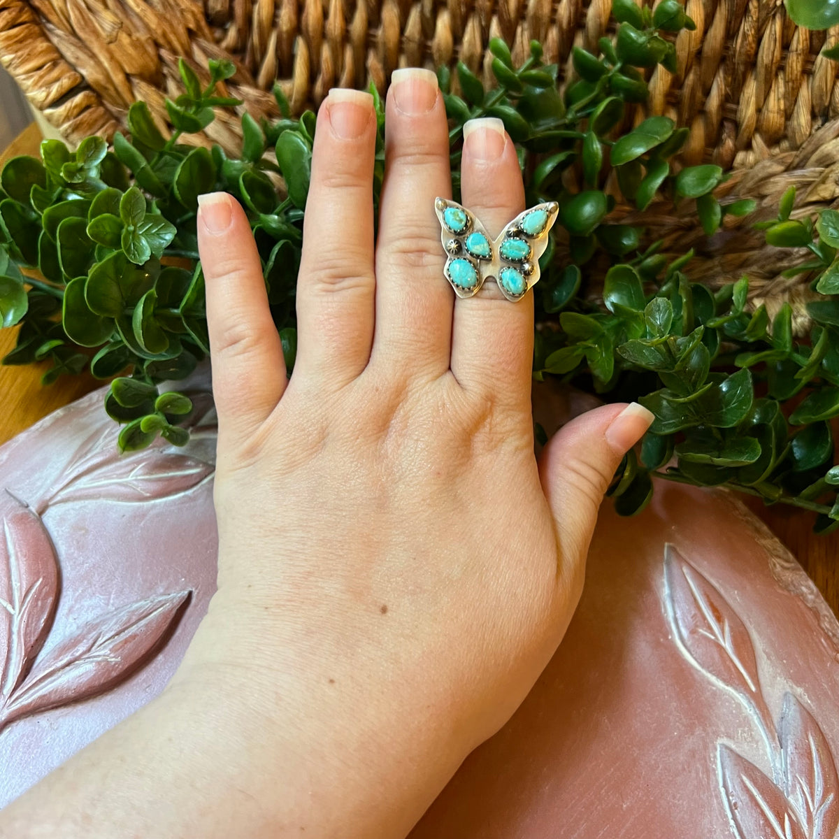 Sterling Silver Sonoran Gold Turquoise Butterfly Cluster Ring Size 6.5