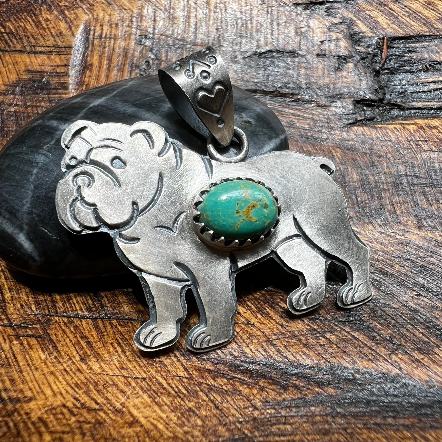 Sterling Silver Kingman Turquoise Bulldog Dog Pendant