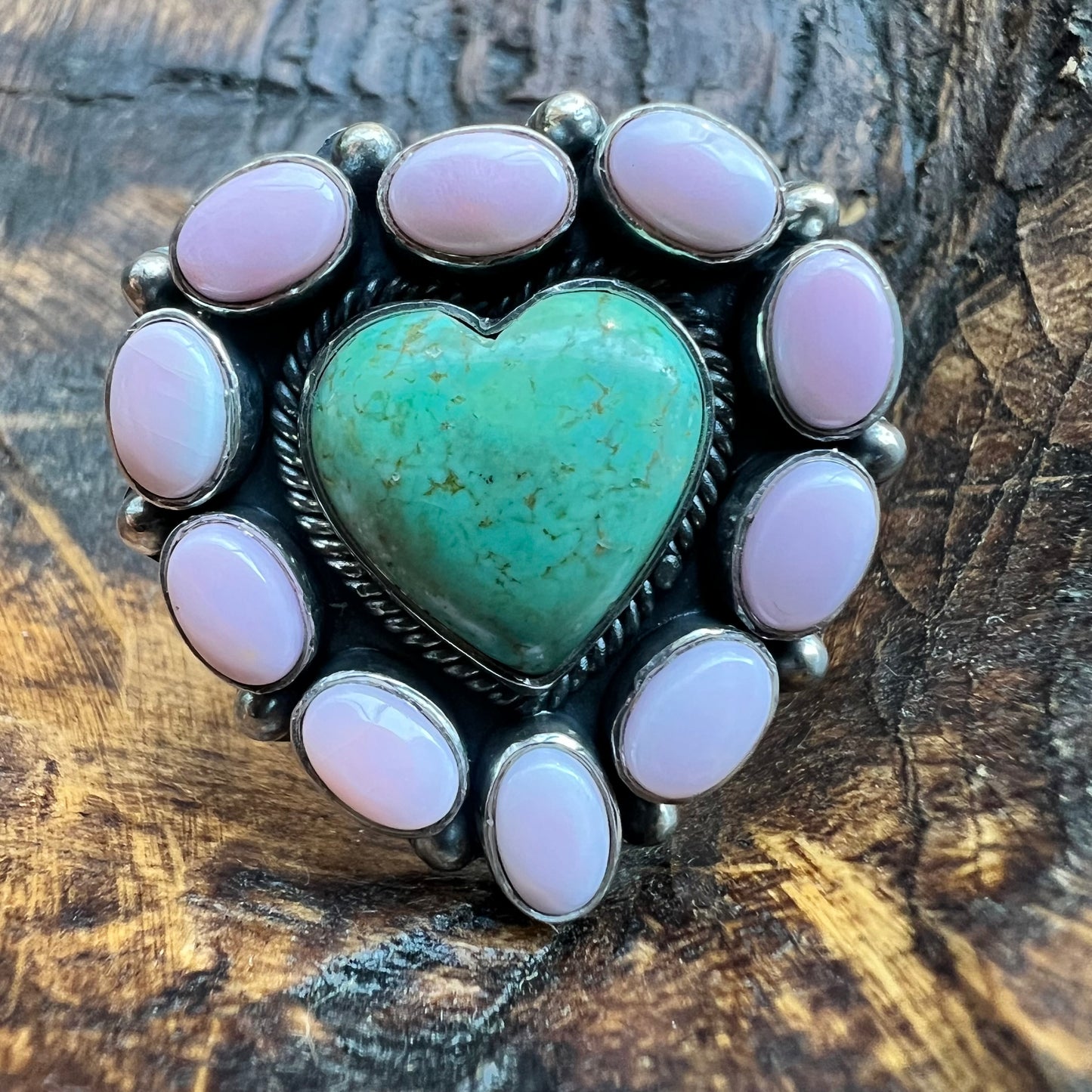 Kingman Heart & Queen Conch Cluster Ring — Sterling Silver Statement (Size ~9¼)