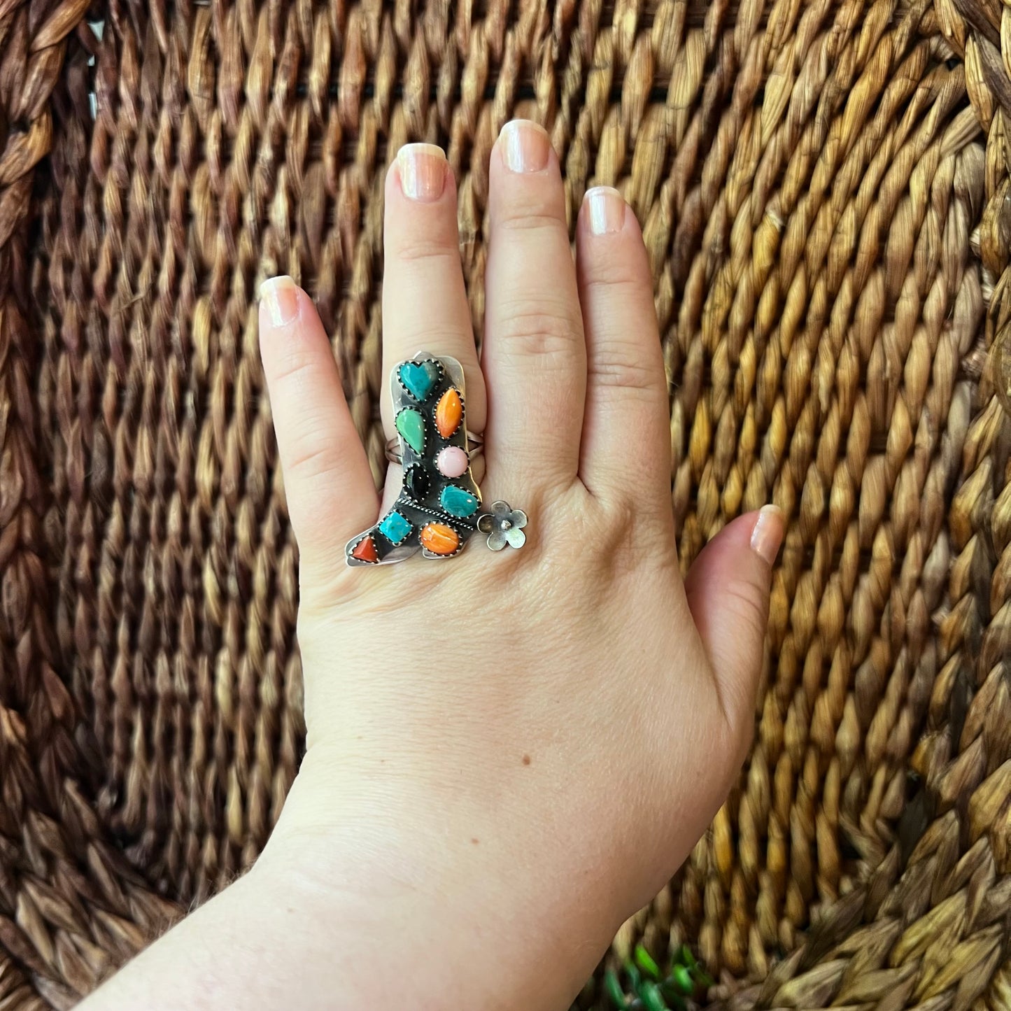 Sterling Silver Multi-Stone Cowboy Boot Ring with Spinning Spur – Size 8