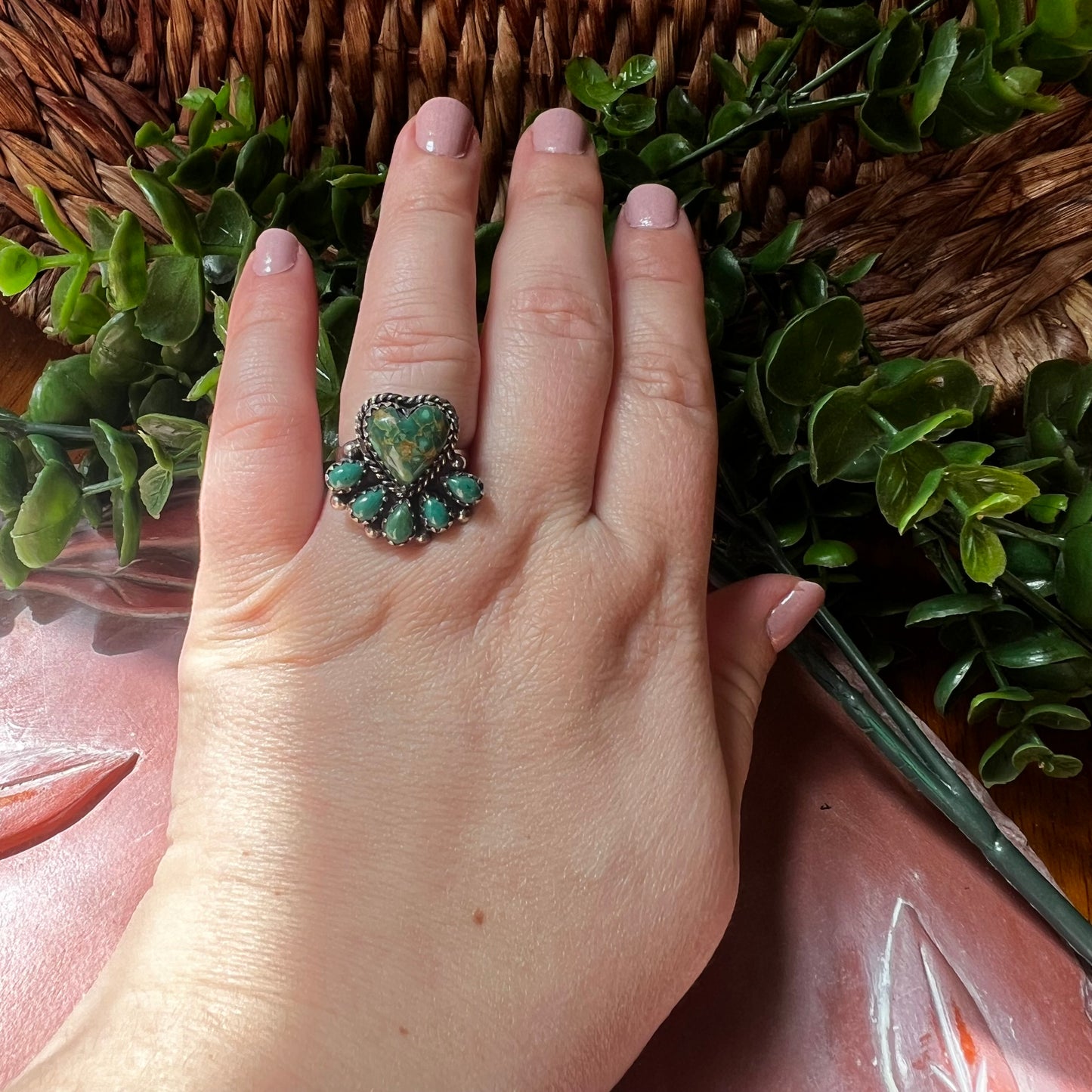 Kingman Turquoise Heart Cluster Ring – Sterling Silver Southwestern Statement | Size 8.75