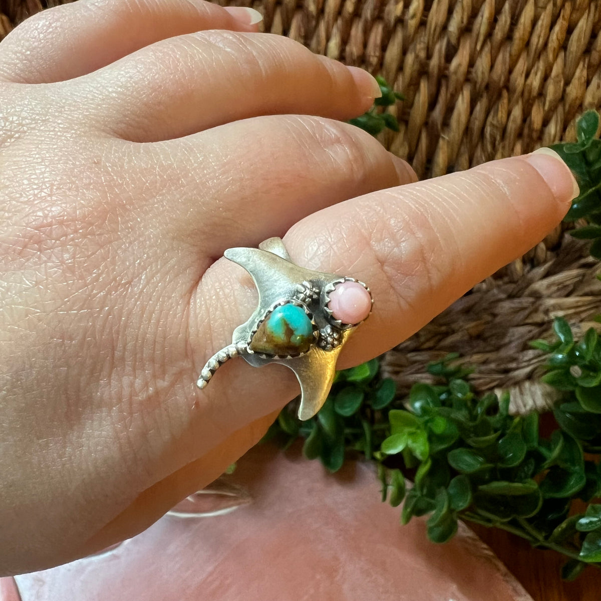 Sterling Silver Manta Ray Ring – Turquoise with Queen Conch or Spiny Oyster