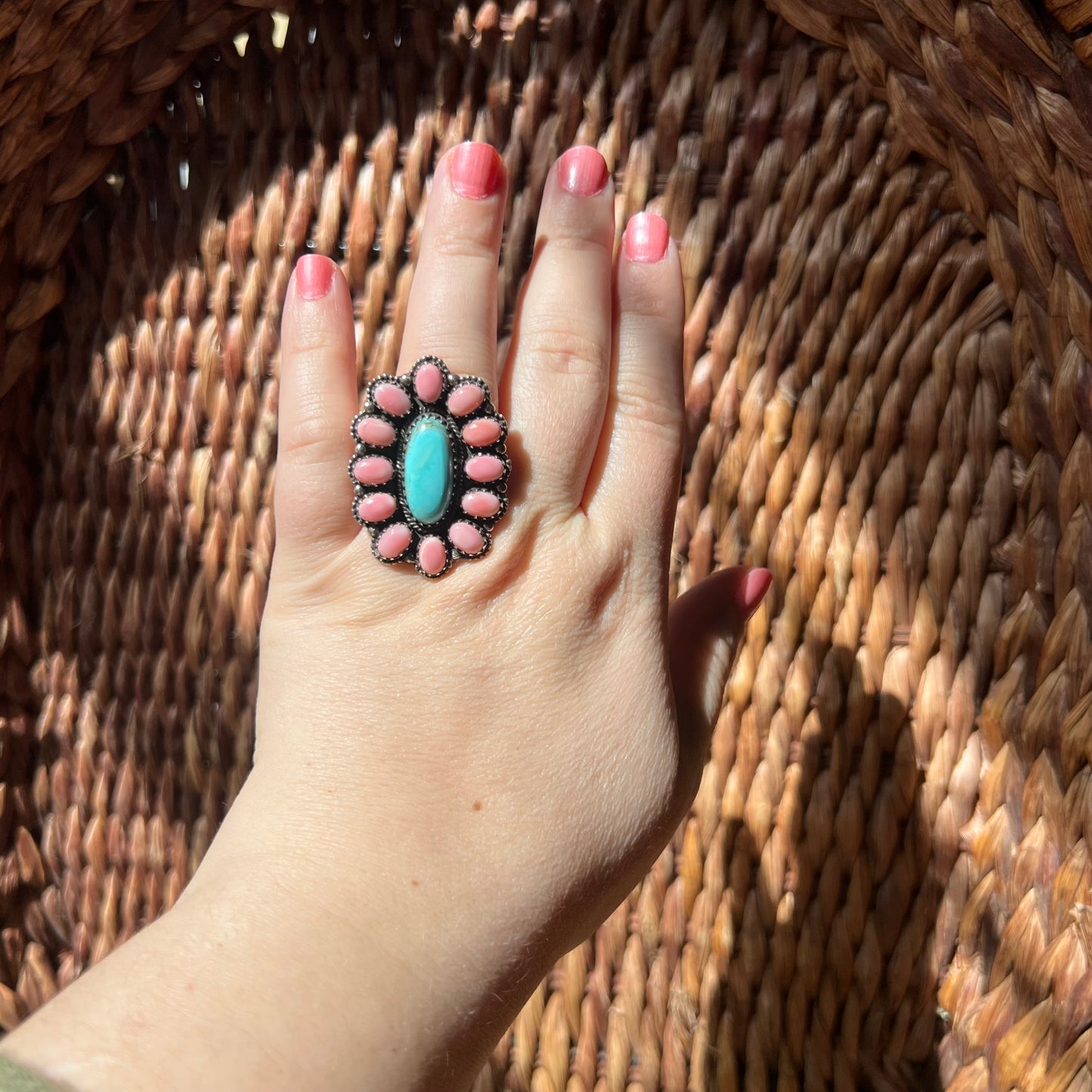Desert Bloom Cluster Ring – Kingman Turquoise & Queen Conch Sterling Silver