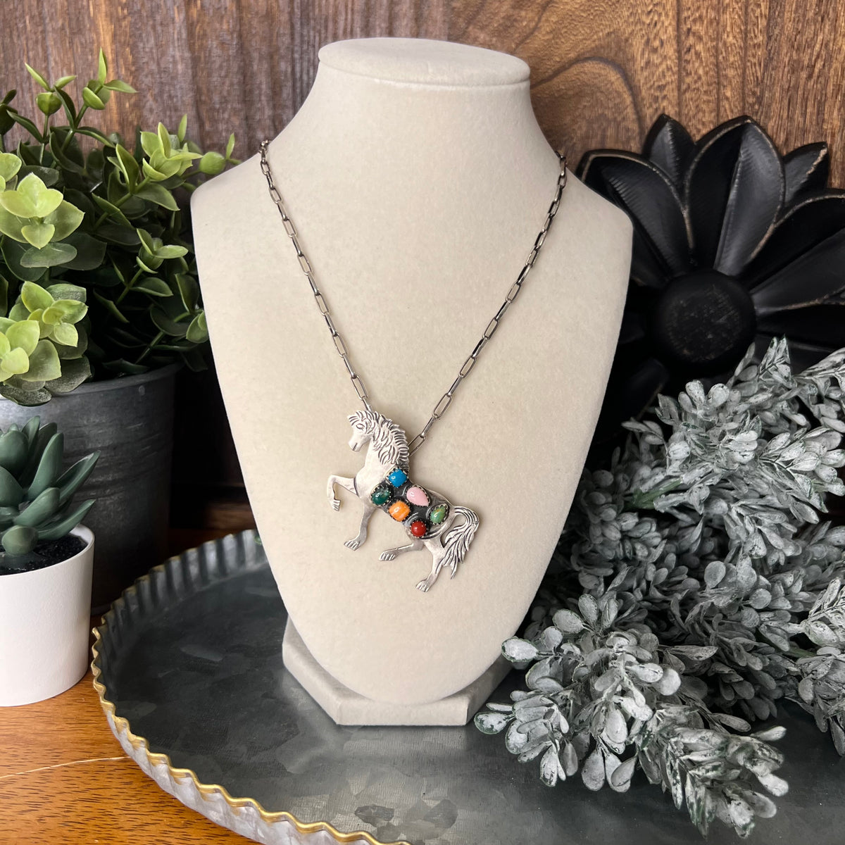 Sterling Silver Multi-Stone Horse Pendant – Kingman Turquoise, Queen Conch, Spiny Oyster & Italian Red Coral