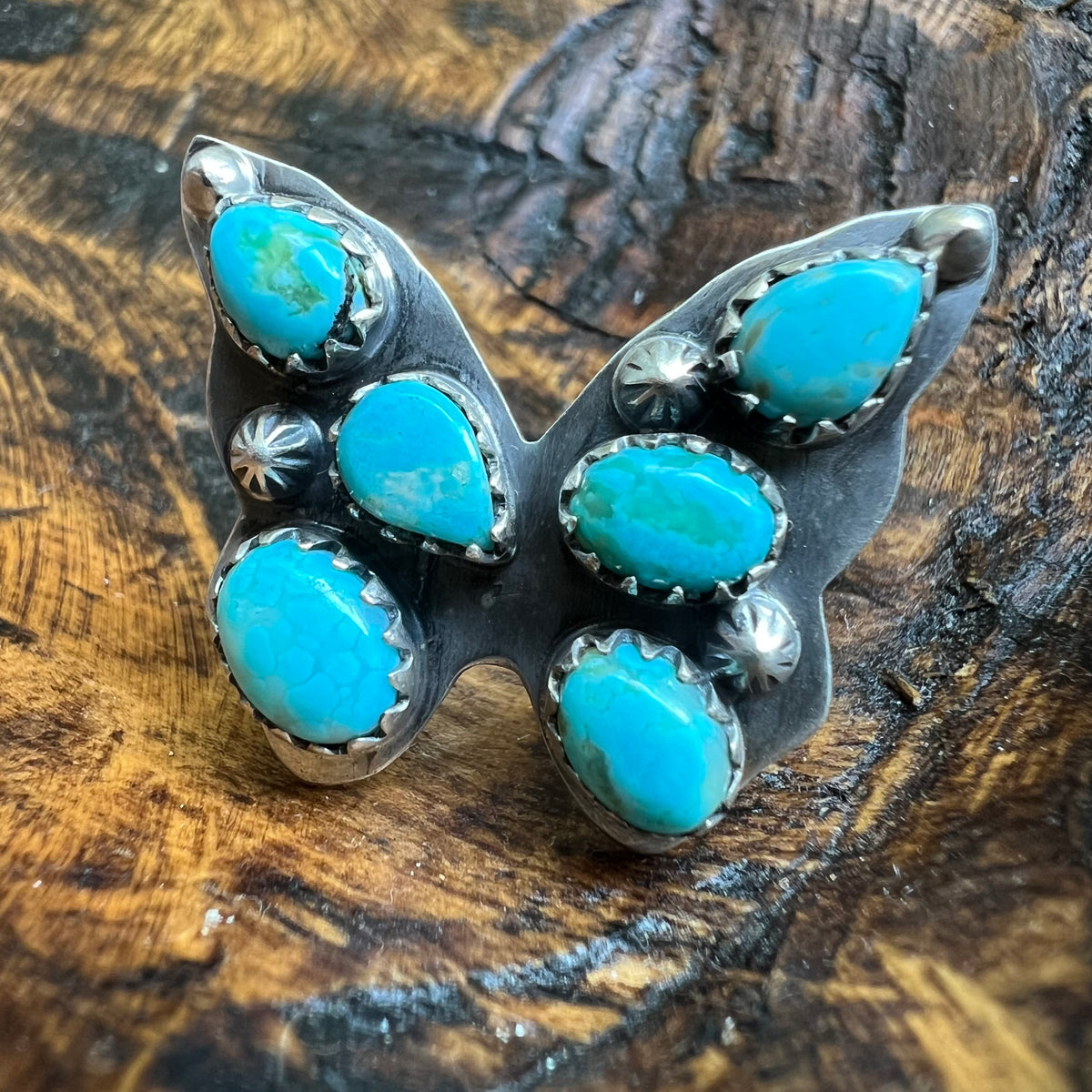 Sterling Silver Sonoran Gold Turquoise Butterfly Cluster Ring Size 6.5