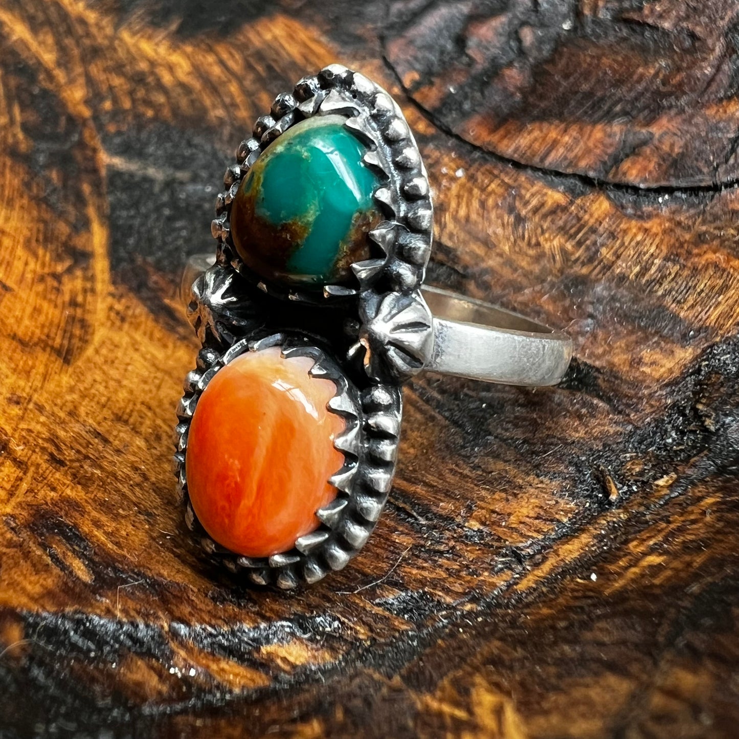 Sterling Silver Fox Turquoise Spiny Oyster Adjustable Ring Size 8