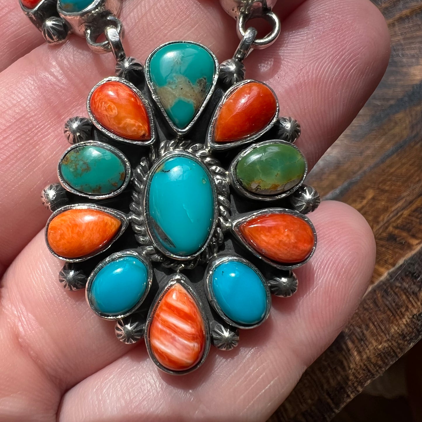 Collector’s Kingman Turquoise & Spiny Oyster Cluster Necklace – 29 Stone Statement