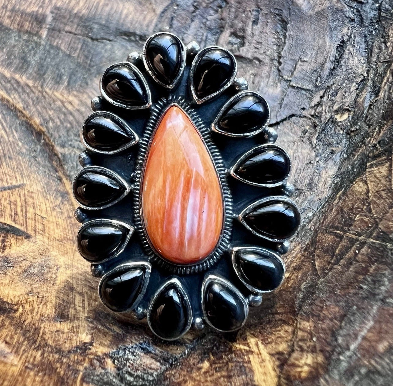 Spiny Oyster & Black Onyx Cluster Statement Ring | Sterling Silver | Size 7