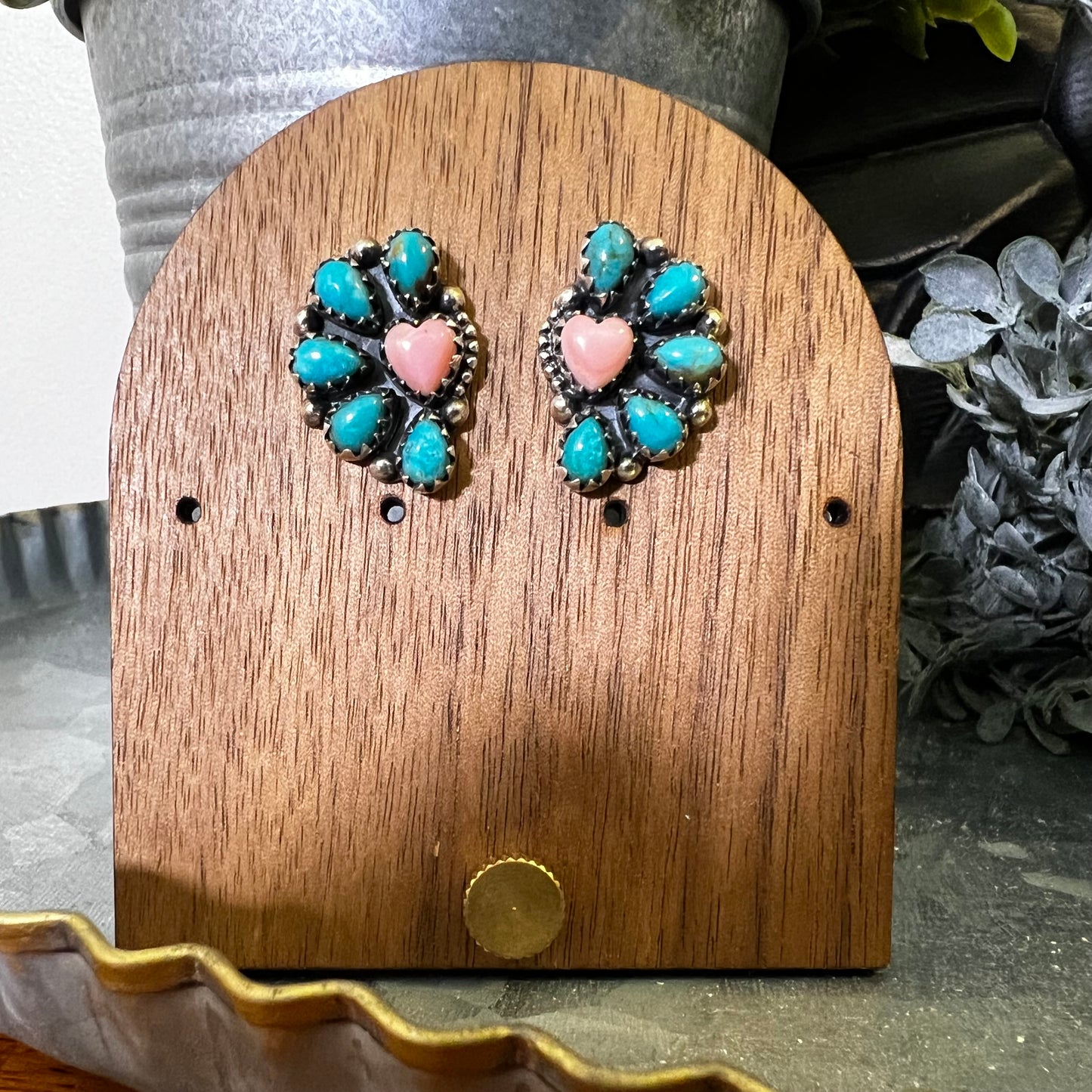 Sterling Silver Kingman Turquoise Queen Conch Heart Half Cluster Earrings ￼