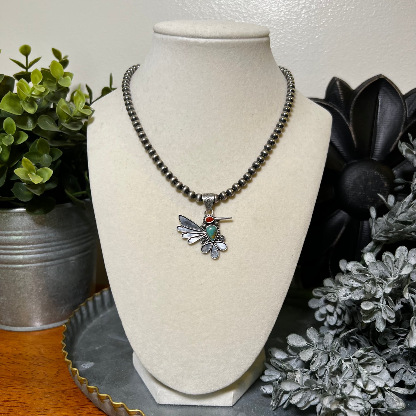 Kingman Turquoise & Italian Red Coral Hummingbird Pendant