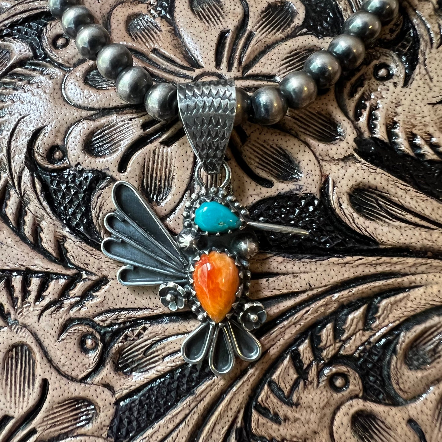 Turquoise & Spiny Oyster Hummingbird Sterling Silver Pendant
