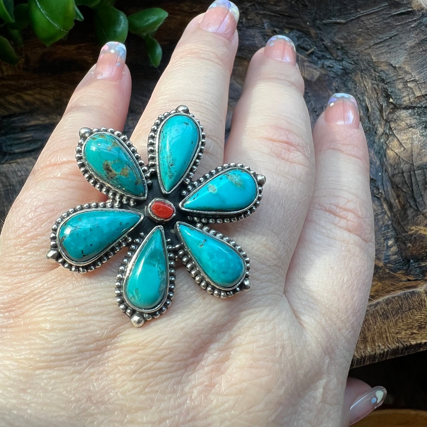 Kingman Turquoise Flower Ring with Italian Red Coral Center | Sterling Silver Statement Ring Size 9