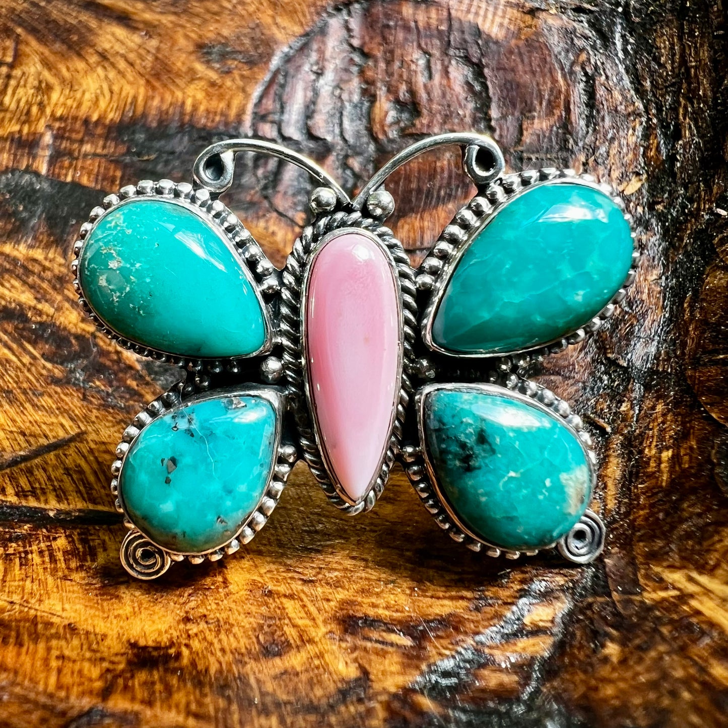Kingman Turquoise & Pink Conch Butterfly Ring Sterling Silver Size 9