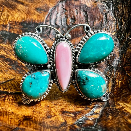 Kingman Turquoise & Pink Conch Butterfly Ring Sterling Silver Size 9