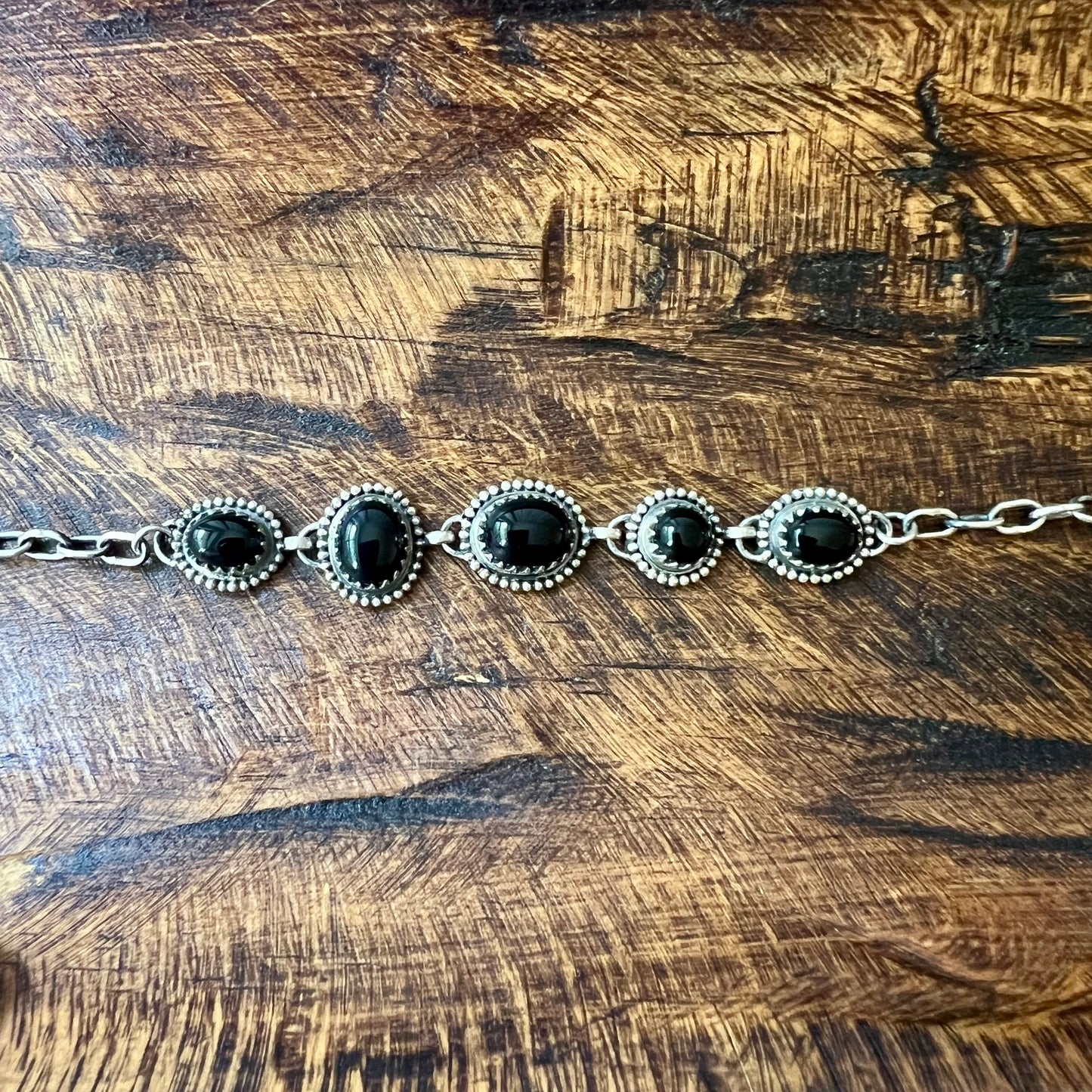 Sterling Silver Black Onyx 5 Stone Southwestern Bracelet