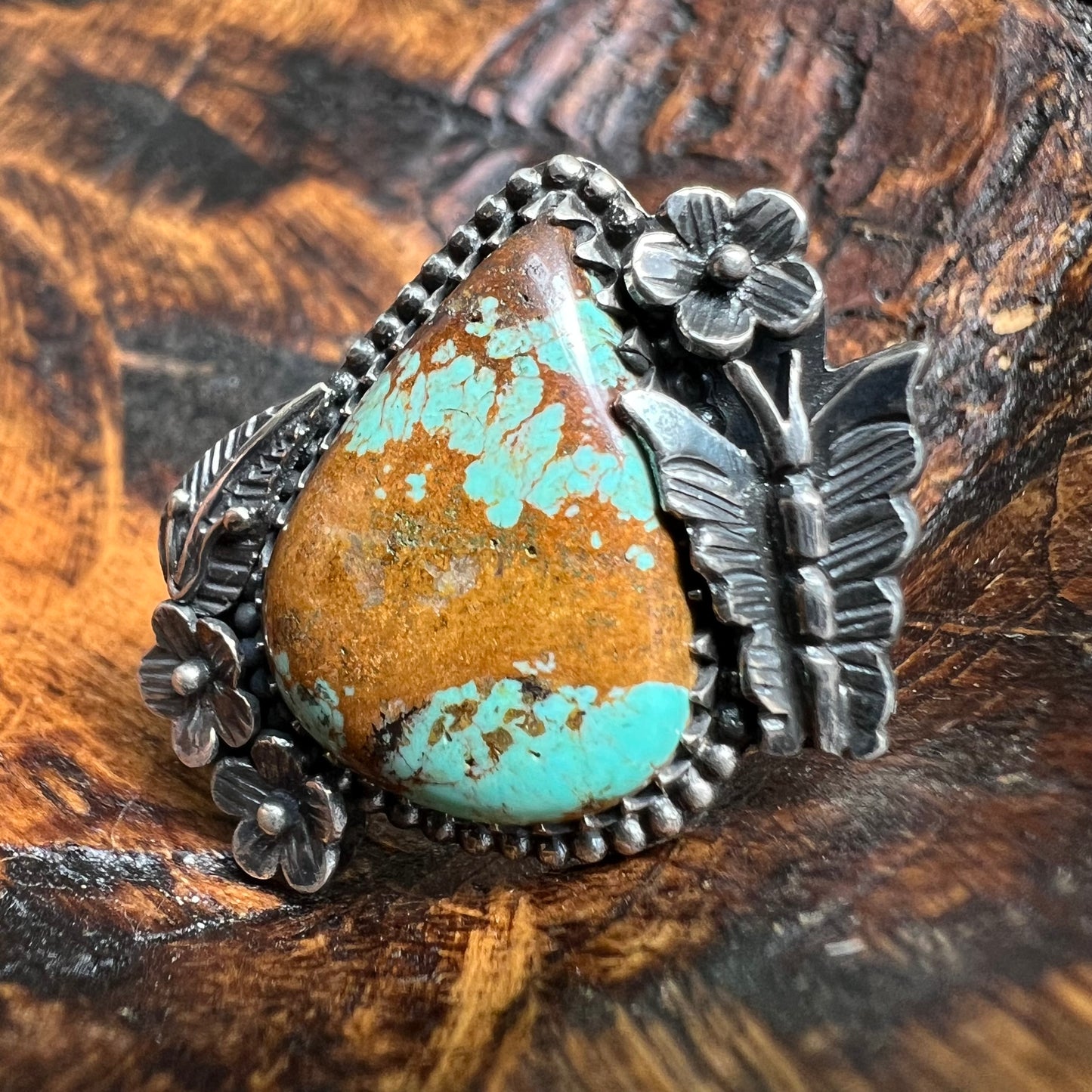 925 Sterling Silver Kingman Turquoise Floral Butterfly Statement Ring Sz 9