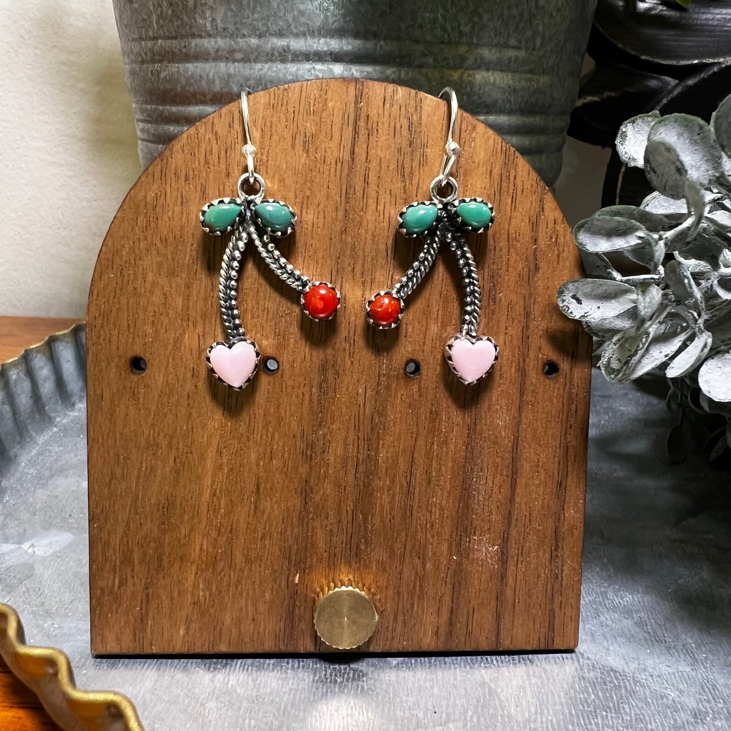 Kingman Turquoise, Queen Conch & Italian Coral Cherry Earrings