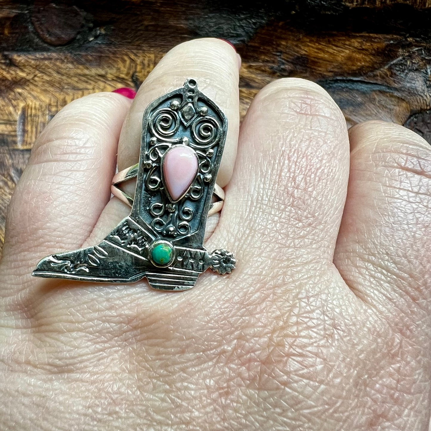 Sterling Silver Pink Conch Cowboy Boot Ring with Kingman Turquoise – Size 7.5