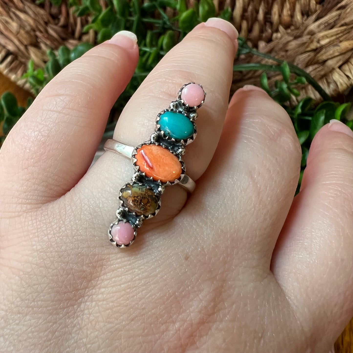 Sterling Silver Spiny Oyster Kingman Turquoise Queen Conch Adjustable Ring
