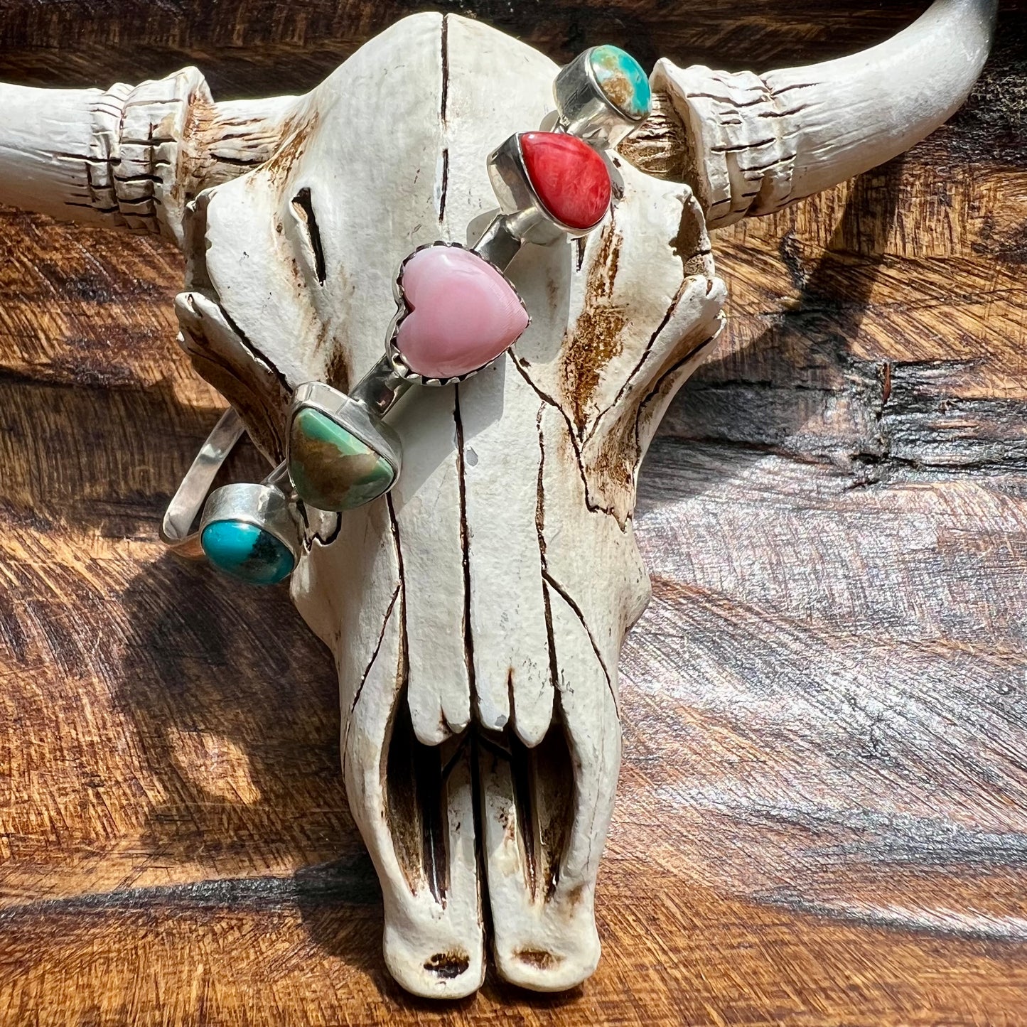 925 Sterling Silver Multi-Stone Cuff Bracelet Kingman Turquoise Spiny Oyster Conch Heart Southwestern