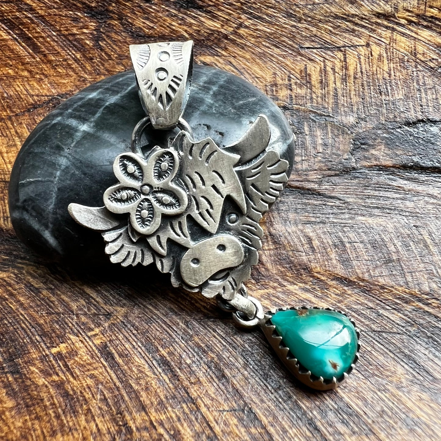 Sterling Silver Highland Cow Pendant with Fox Turquoise Drop