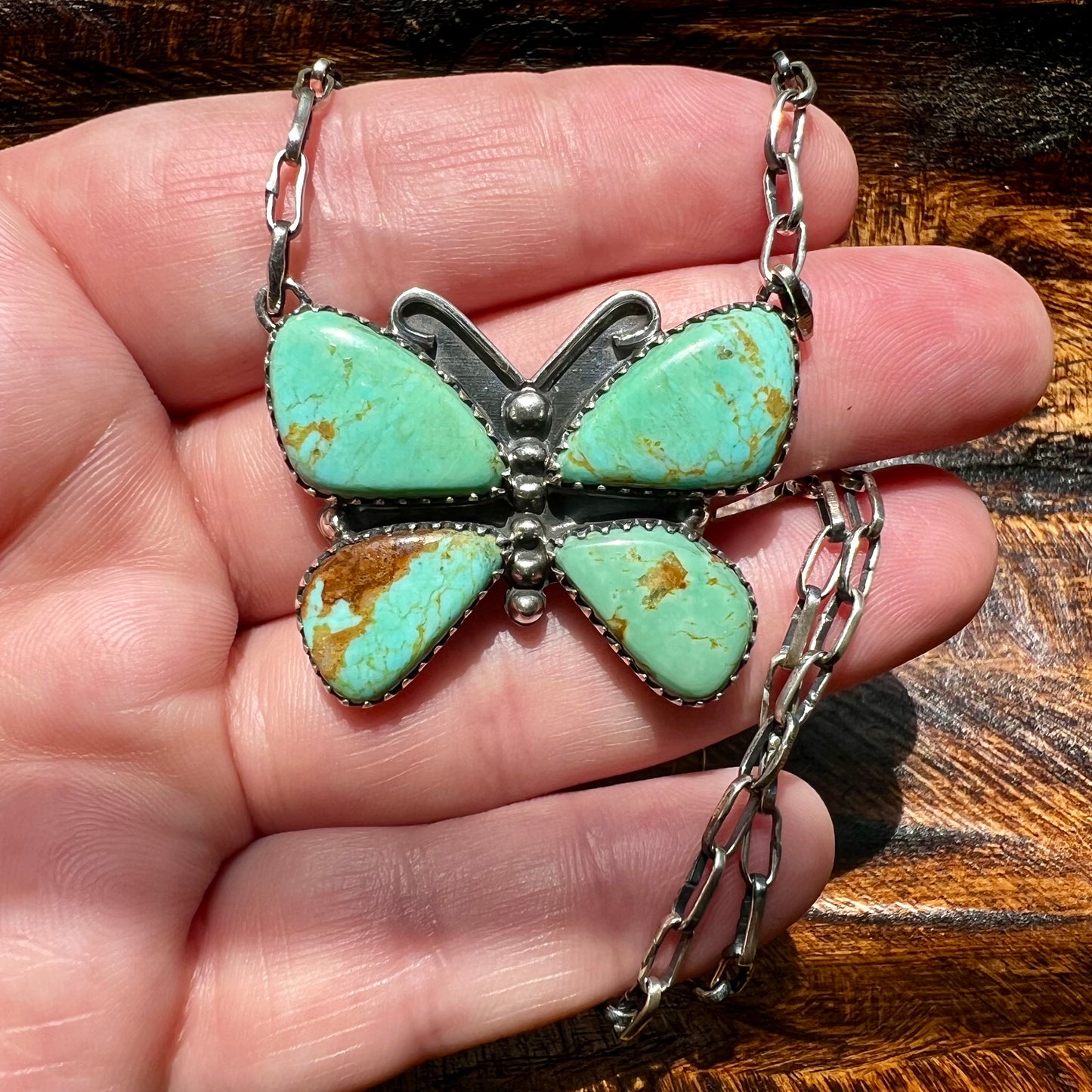 Kingman Turquoise Butterfly Necklace – Sterling Silver Paperclip Chain