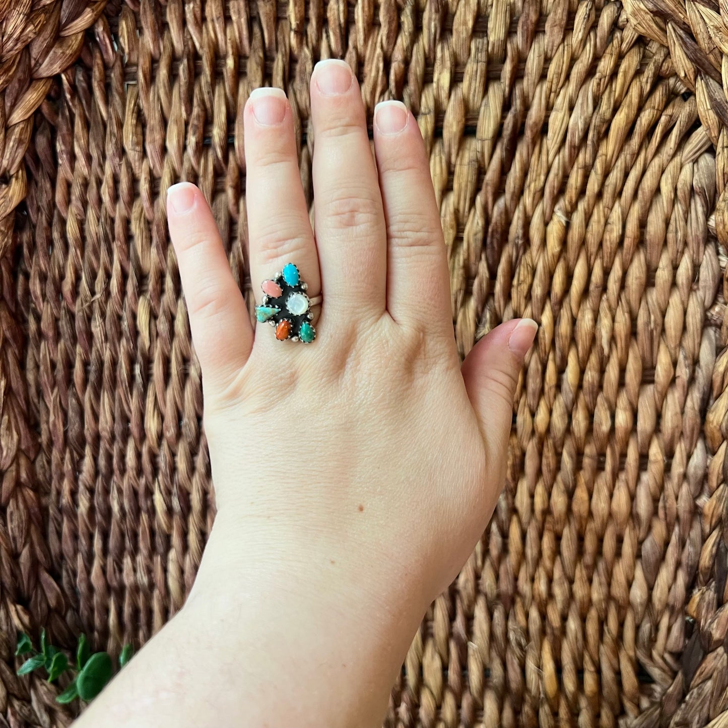 Sterling Silver Kingman Turquoise Spiny Oyster Conch Multi Stone Ring Sz 9 (Adjustable)