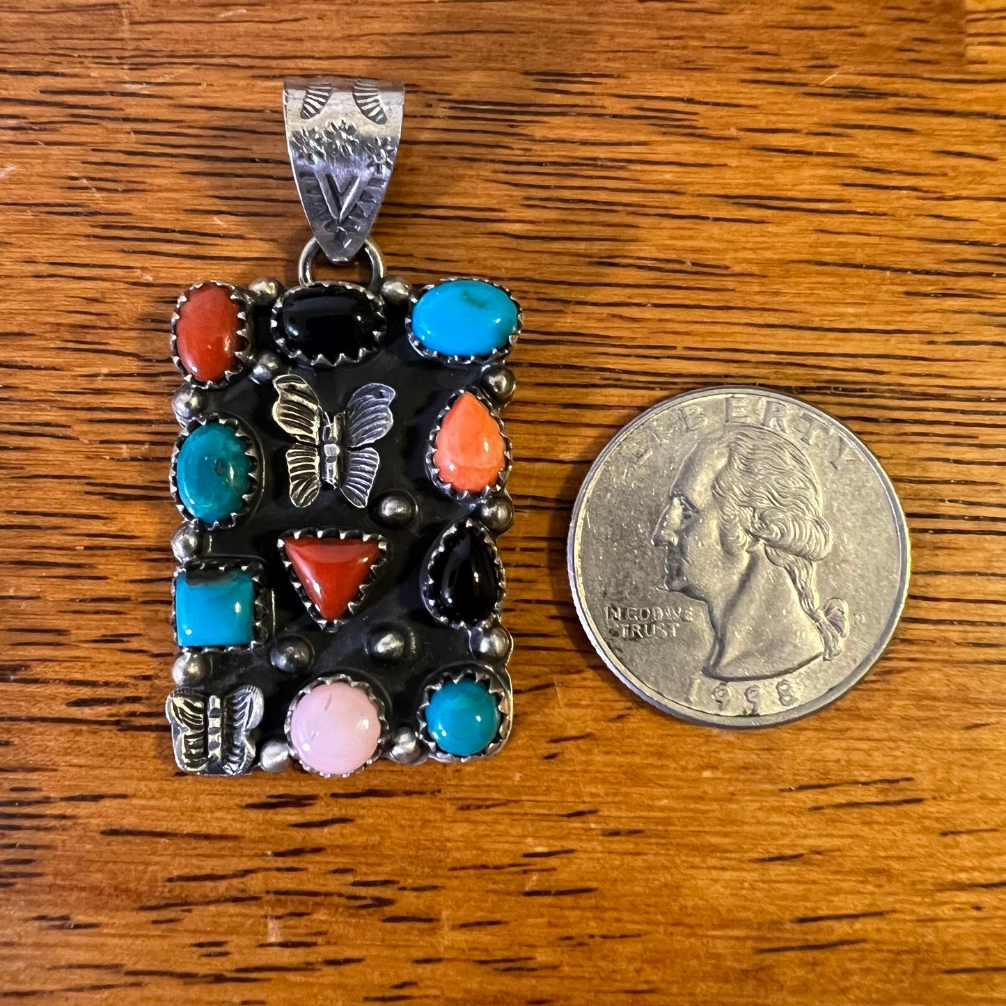 Sterling Silver Multi-Stone Butterfly Statement Pendant | Turquoise, Red Coral, Queen Conch & Black Onyx