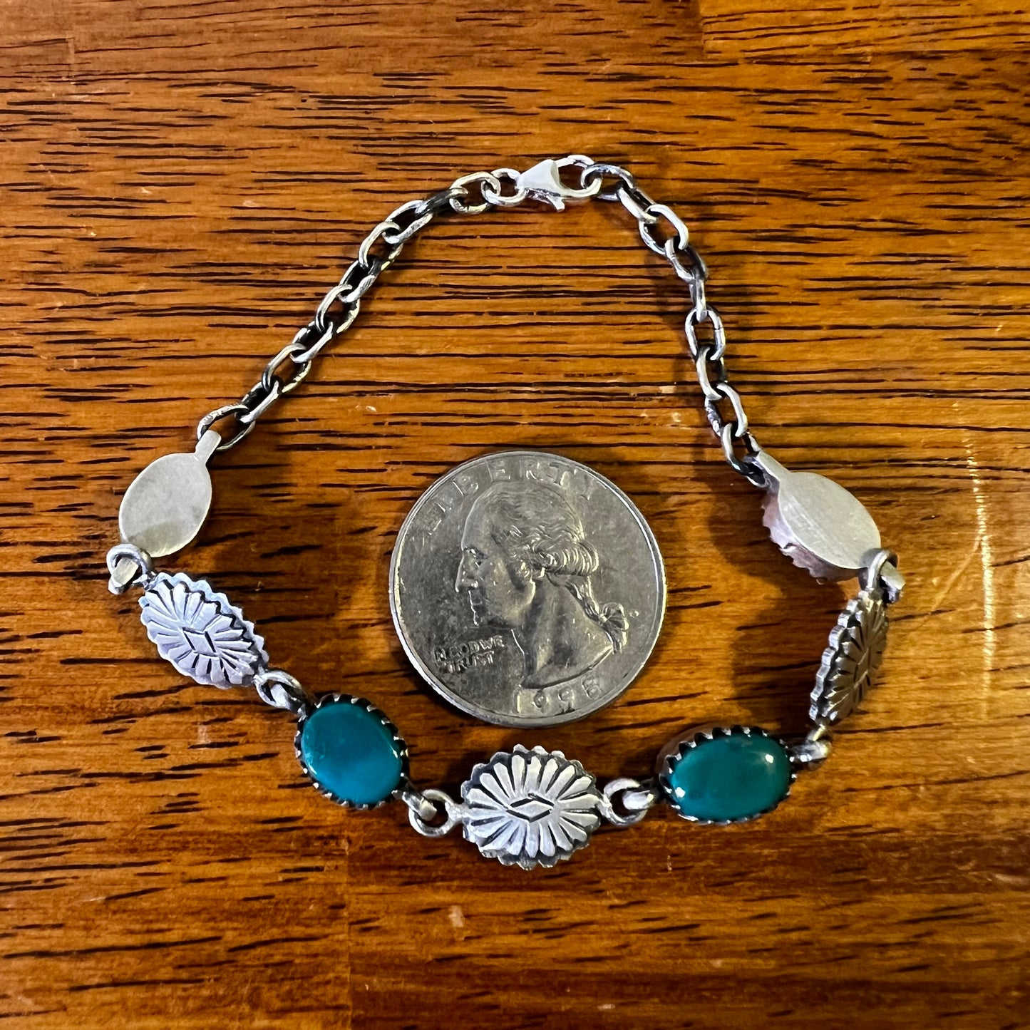 Kingman Turquoise Concho Link Bracelet Sterling Silver Size 7.25