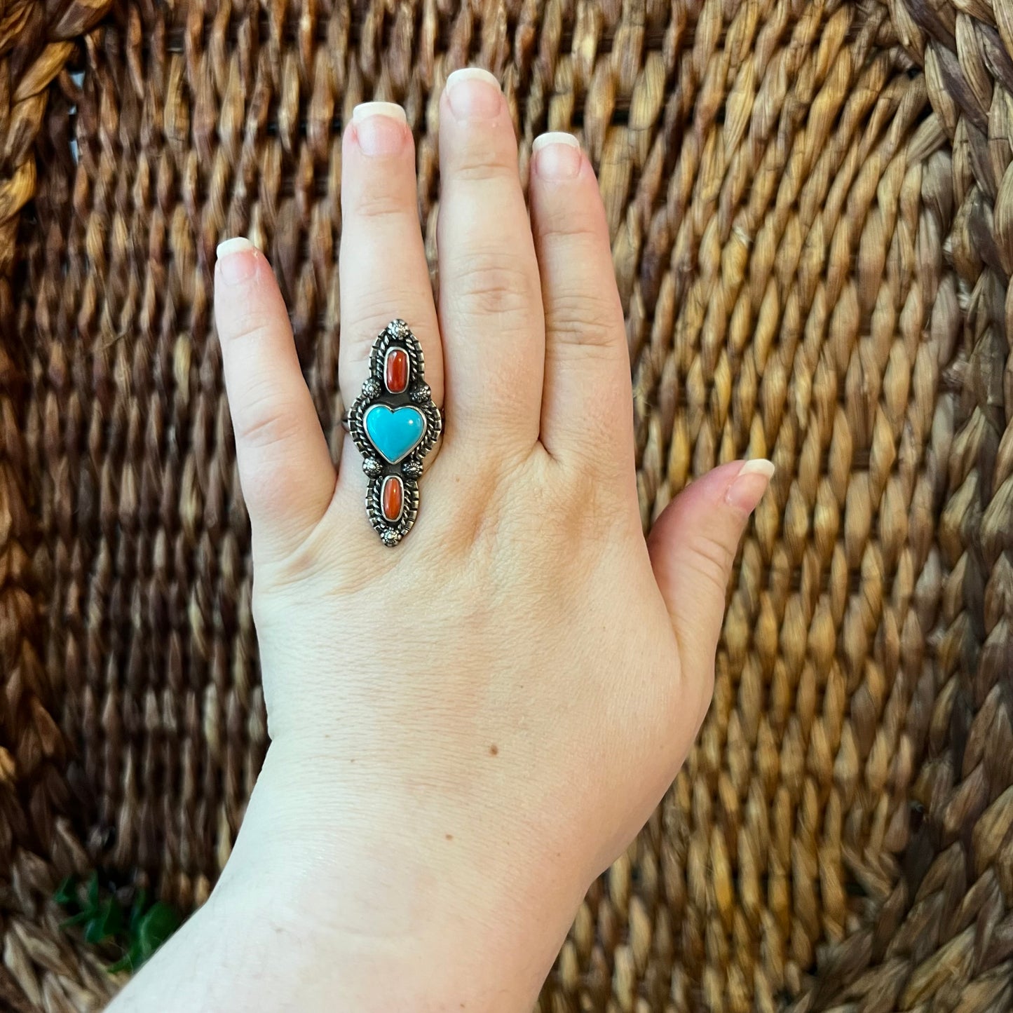 Sterling Kingman Turquoise Heart Italian Red Coral Ring Size 8